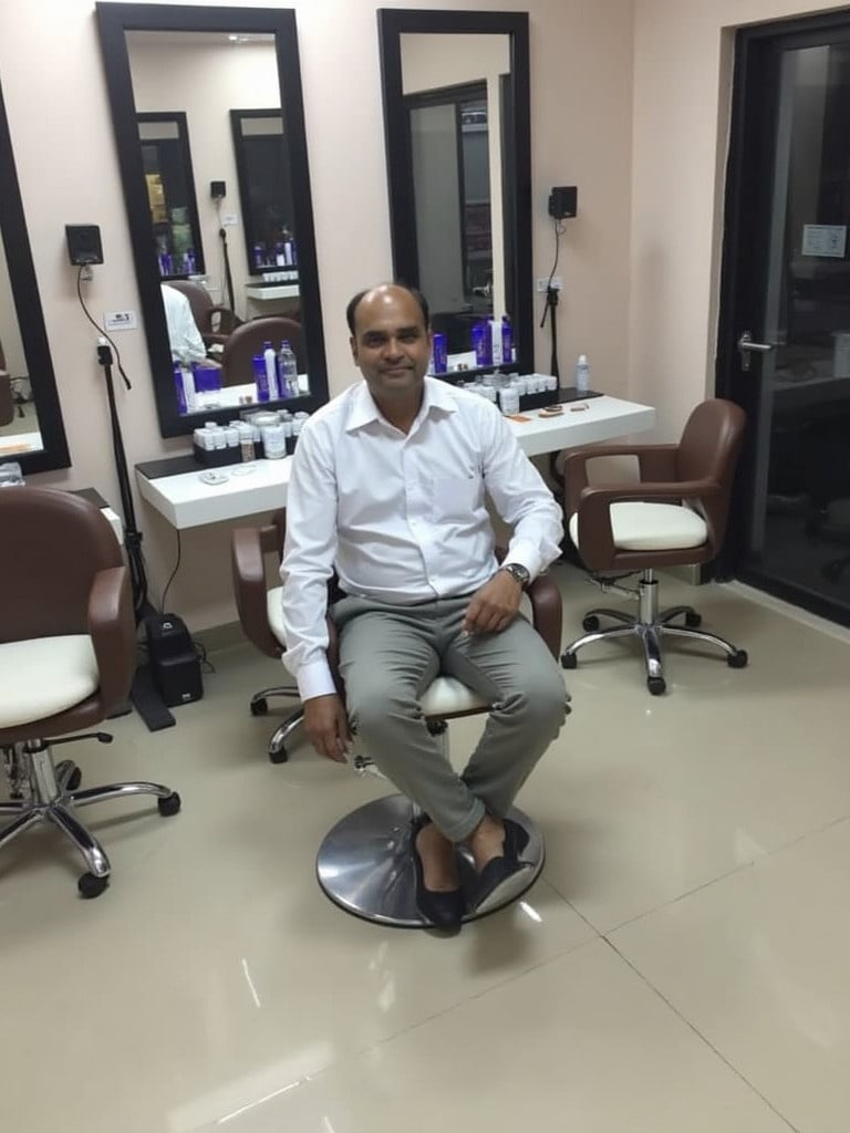 A person is sitting in a salon. The background shows salon mirrors and beauty products. The person wears a white shirt and light grey pants. Salon chairs are present. The atmosphere is welcoming and modern. A unisex salon setting is depicted.