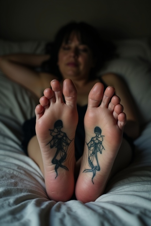 Image shows a mature goth woman showing her tattooed soles on her bare feet. She's lying on the bed and sleeping.