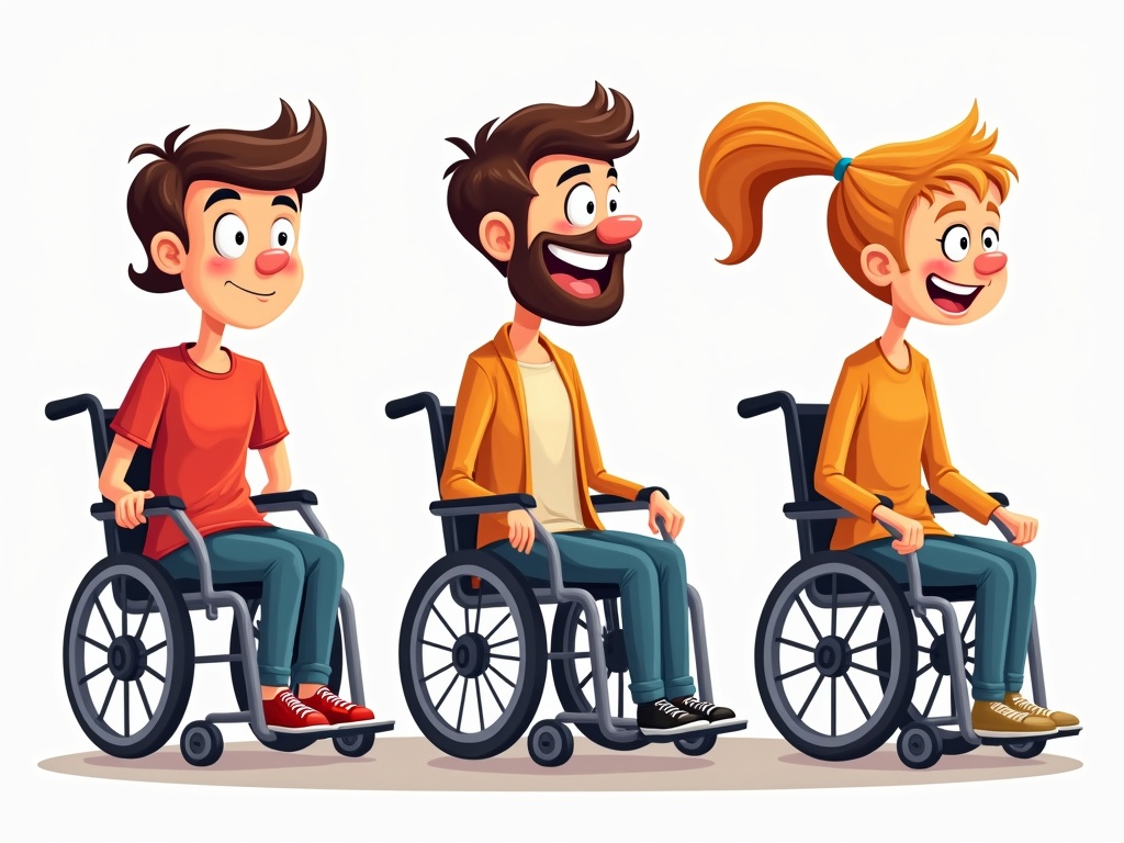 A set of funny cartoon people in wheelchairs. Two males and one female character. Cartoon style with a flat vector illustration.