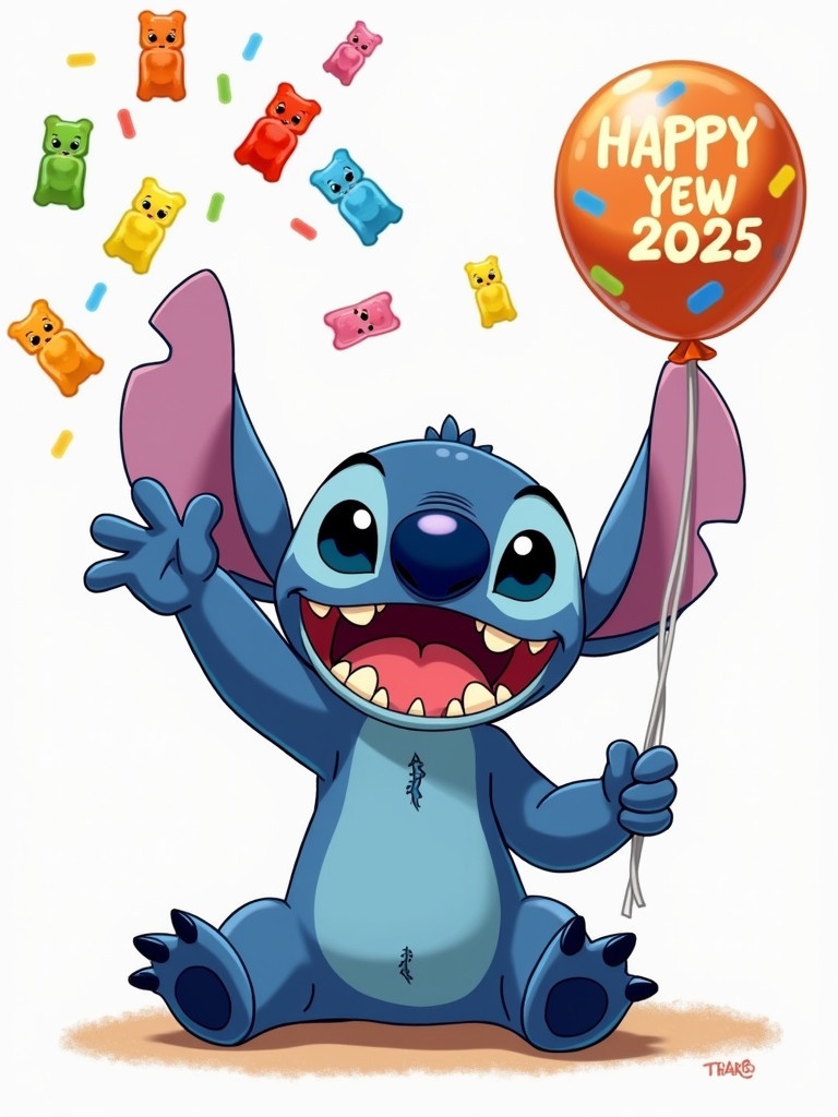 Cute blue alien character named Stitch smiling widely sitting down. Stitch is throwing gummy bears with one hand. A balloon with Happy New 2025 is held in the other hand.