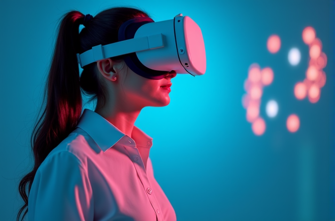 A woman is wearing a VR headset, illuminated by blue and pink lights against a blurred background.