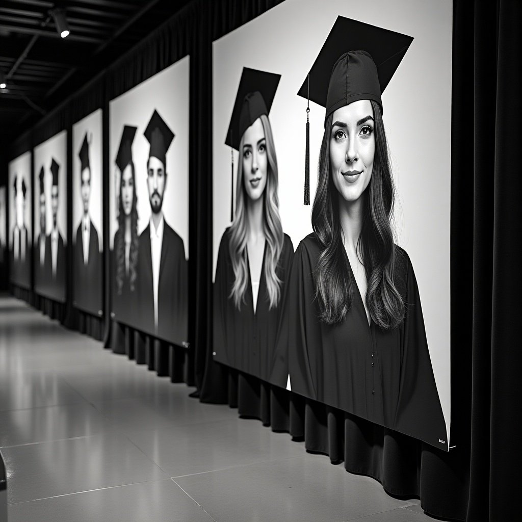 This image displays a series of black and white photographs featuring graduates. Each portrait shows individuals wearing traditional graduation caps and gowns. The portraits are draped along walls, creating a straight line effect down a corridor. The environment is minimalistic with soft lighting. This setting conveys a sense of achievement and celebration. The overall focus is on the graduates' expressions, highlighting their success and aspirations.