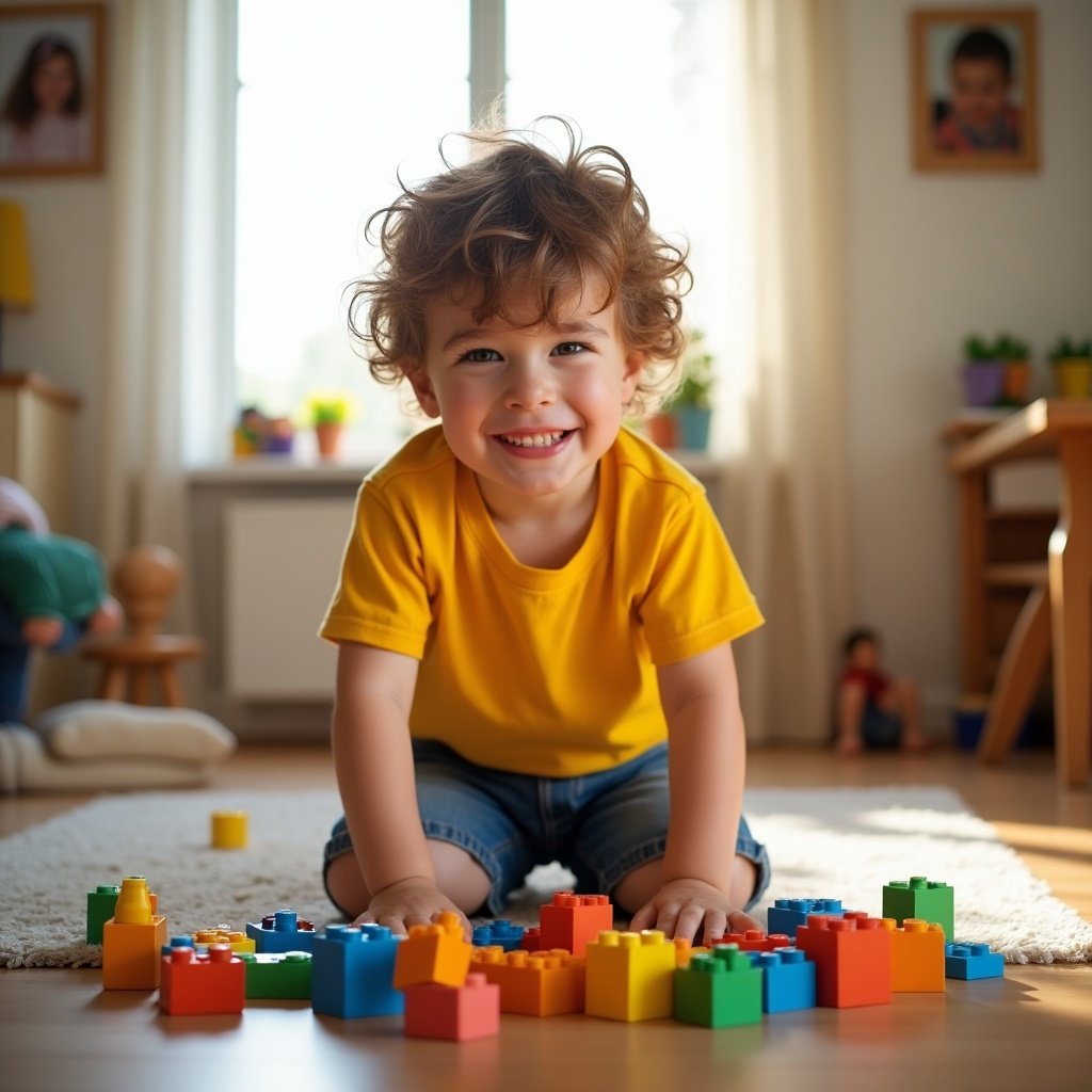 This image shows a joyful child named Alfie, who has curly hair and is wearing a bright yellow shirt. He is sitting on the floor, surrounded by scattered colorful building blocks. Alfie is smiling widely, fully immersed in his playtime activity. The setting is a cozy living room with soft, warm lighting coming through a nearby window. In the background, you can see hints of a child-friendly environment, enhancing the playful atmosphere. This moment captures the joy and creativity of childhood play.