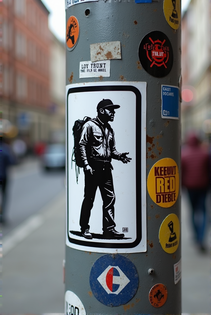 A street art piece of a person with a backpack is surrounded by colorful stickers on a post.