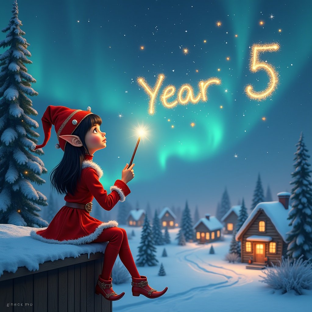 A female elf with dark hair and eyes sits on a wooden ledge facing the camera. She gazes at a magical sky with stars and vibrant Northern Lights. Dressed in a red outfit and pointed hat, she holds a sparkling wand. The elf writes 'Year 5' in the air as it glimmers. A serene snowy landscape surrounds her, with charming houses and evergreen trees.