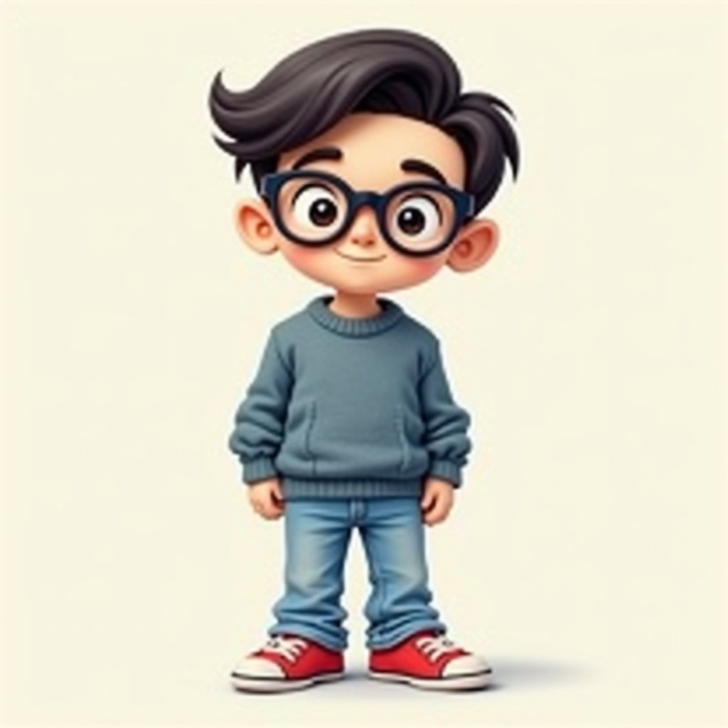 Image features a cute cartoon character with greyish blue sweater and light blue jeans. Character wears red sneakers and black spectacles. Character design is playful with a slight smirk.