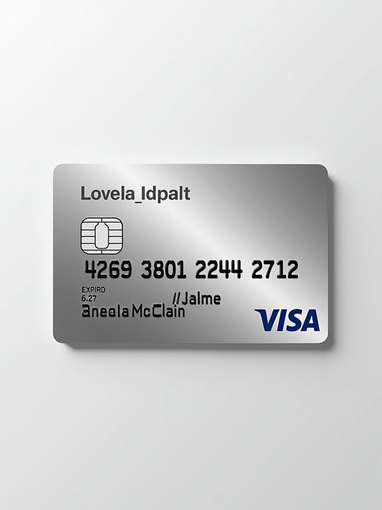 Realistic depiction of a Visa credit card featuring the number 4269 3801 2244 2712. The name Anesha McClain is displayed under the Visa logo. The expiration date reads 06/27. The card rests against a clean silver background. The text is in bold black font.