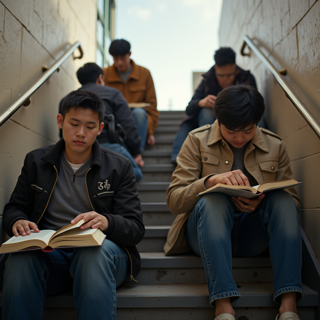 Several young people are seated on outdoor steps, reading books.