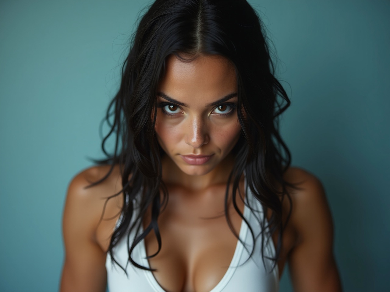 The image features a woman with her hands down, displaying dark black eyes and a caramel skin tone. She is wearing a wet white tank top, without any hoodie covering her. Her expression reflects a combination of bravery, strength, and intelligence, making her appear very attractive. The background has a soft blue gradient that enhances her features. The overall mood captures the essence of a strong and confident individual.