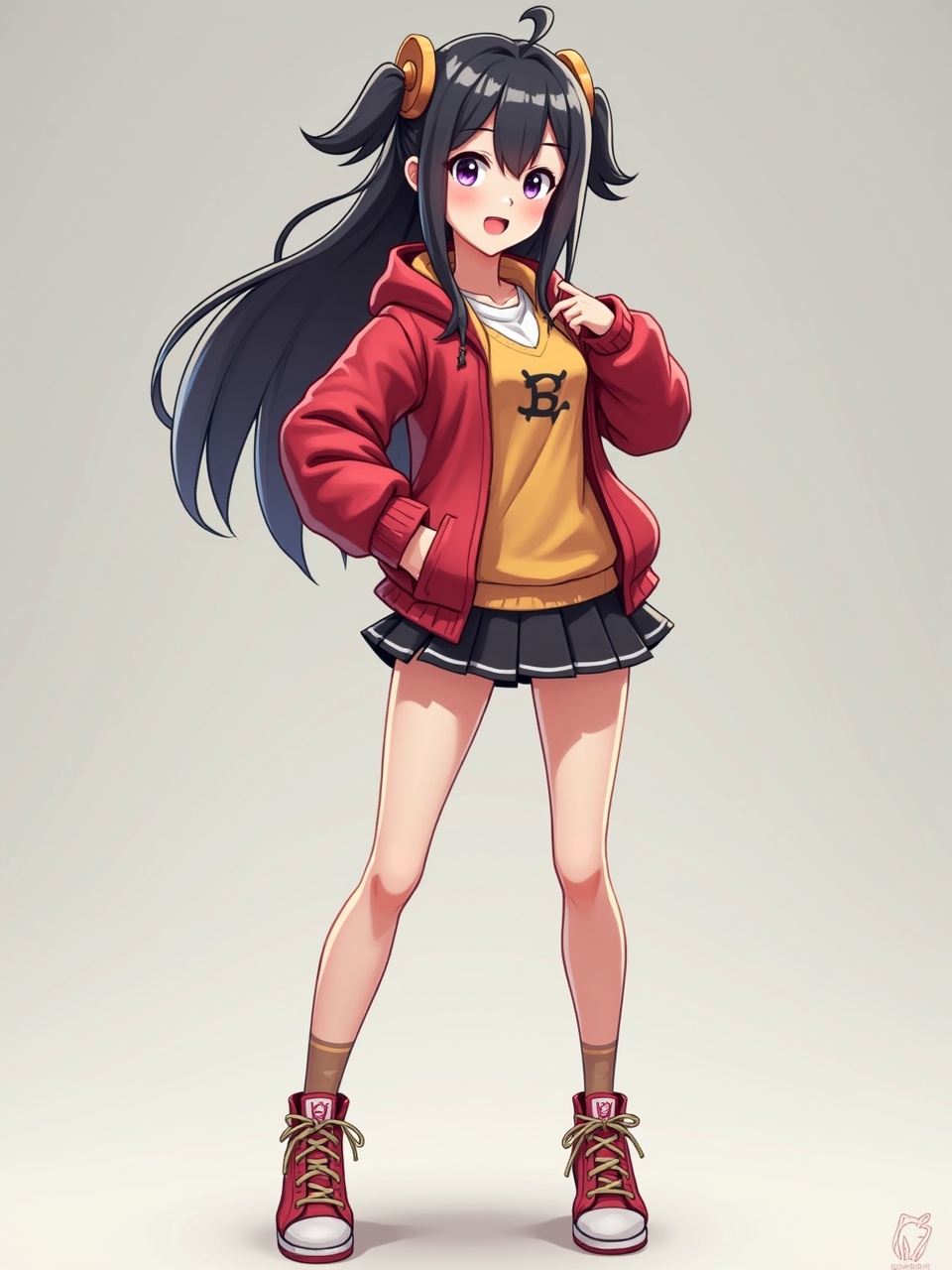 This image portrays a cheerful anime-style schoolgirl standing confidently. She has long, dark hair adorned with hair clips shaped like headphones. Her outfit consists of a red jacket over a mustard yellow top, a pleated black skirt, and red sneakers with white laces. The character has big, expressive eyes and a lively expression, complemented by a light, neutral background that enhances the focus on her.