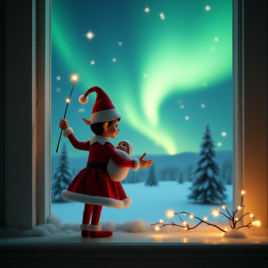 Enchanted Christmas scene featuring an elf dressed in red and white. Elf holds a baby and a magic wand, facing vibrant northern lights. Cozy indoor vantage point looking out at a snowy landscape. Festive and whimsical atmosphere captures the spirit of Christmas.