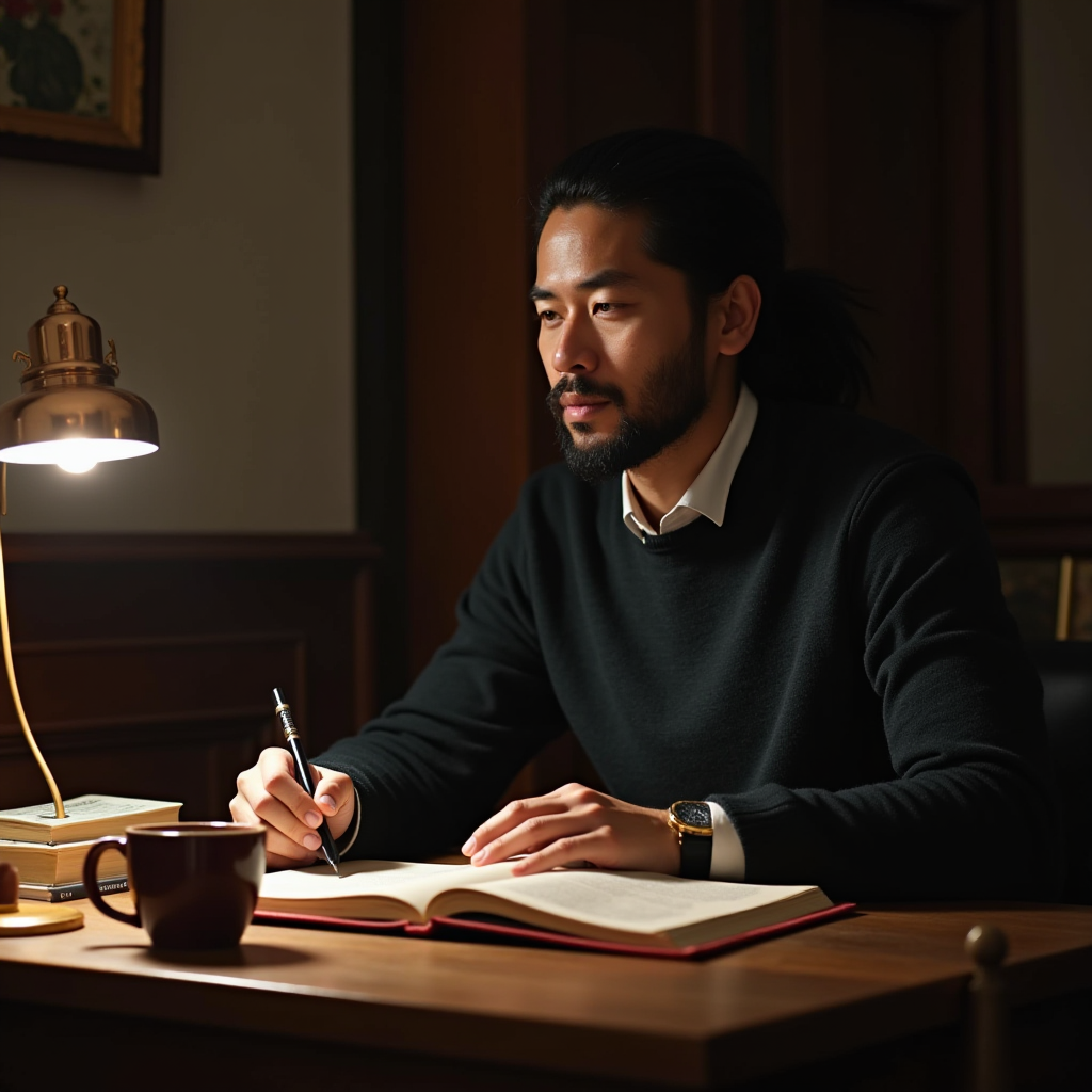 A man sits at a desk with a book and writes under a warm desk lamp light.