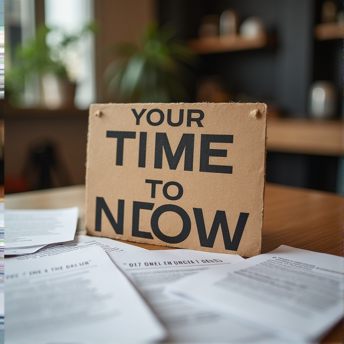 A motivational sign on a desk reads 'YOUR TIME TO NOW' amidst scattered papers, with a blurred plant in the background.