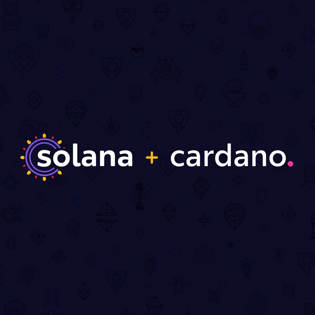 Visual representation of Solana and Cardano logos combined. Digital and modern aesthetic. Dark background with subtle patterns. Focus on cryptocurrency themes.