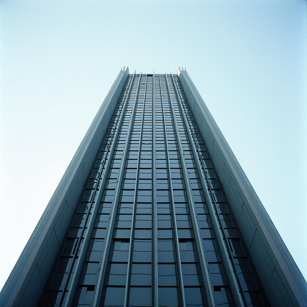 An upward perspective of a modern skyscraper against a clear blue sky.