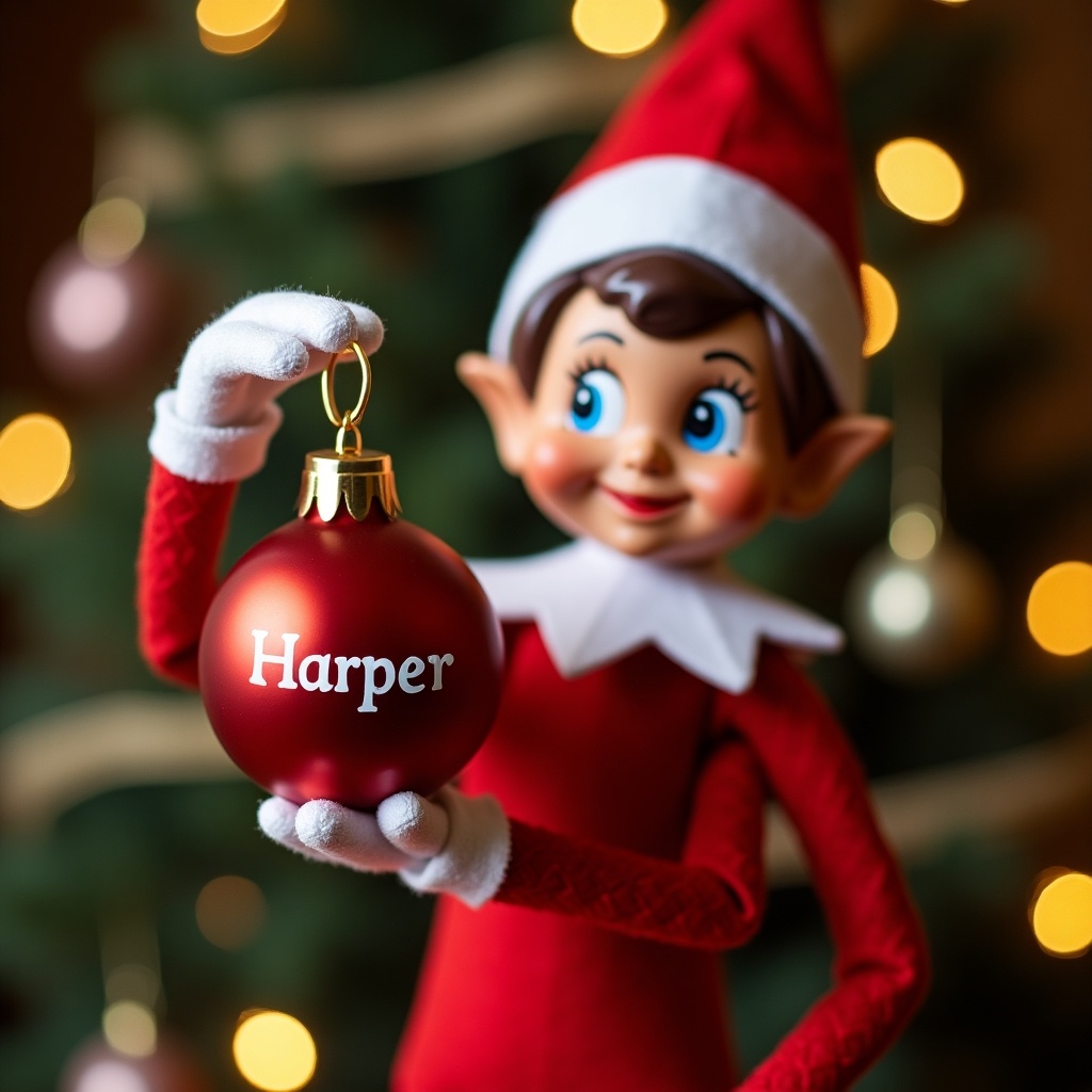 A Christmas Elf is holding a shiny red bauble that has the name 'Harper' written in a decorative font. The elf has a cheerful expression, wearing a traditional red and white outfit with pointed ears. The background features a beautifully adorned Christmas tree with soft lights and ornaments. The scene conveys a joyful holiday spirit. The warm lighting enhances the festive mood, making the elf and bauble the central focus of the image.