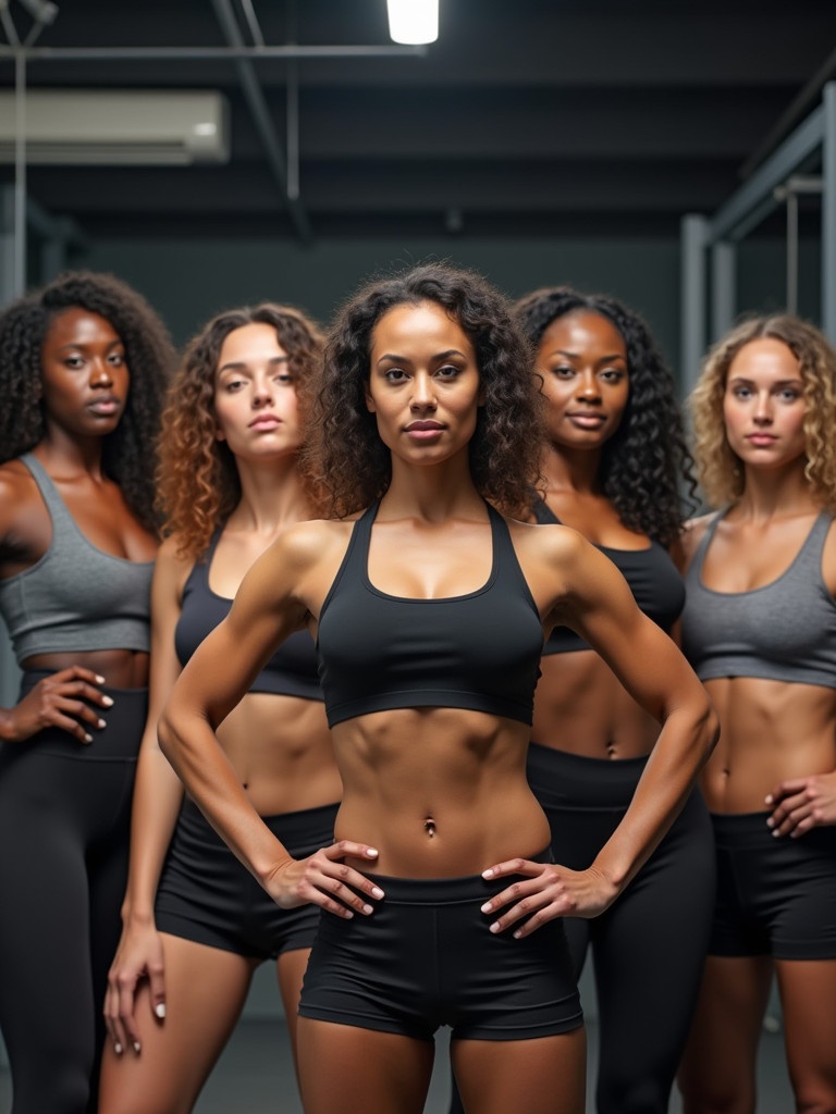 Group of diverse women posing confidently in a gym. Showcasing strength and empowerment. All women wearing athletic apparel. The environment represents fitness culture. Strong and determined expressions.