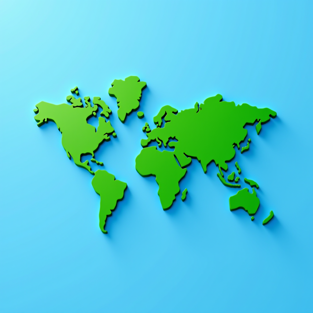 A green 3D world map on a light blue background.