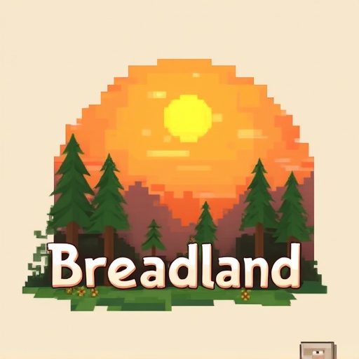 Logo designed for Minecraft server named Breadland. Visual elements include an orange sunset. Pixelated trees and grass surrounding the text. Central focus is a pixel icon of bread. Design features a modern aesthetic.