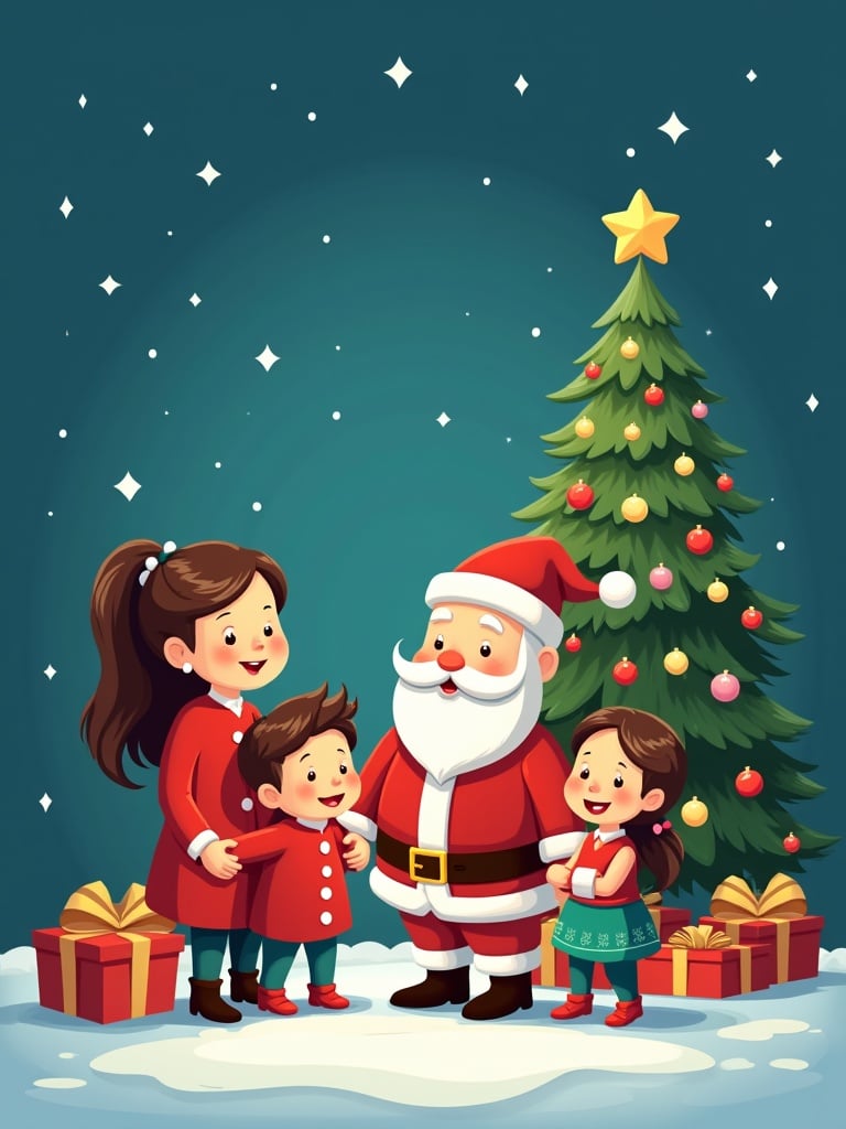 Cartoon family gathers around Santa Claus with a Christmas tree. Children dressed in festive outfits. Christmas presents under the tree. Snow on the ground. Stars twinkling in the sky.