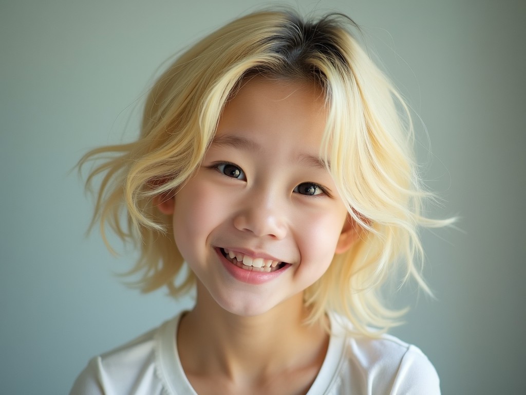 The image features a fresh-looking Korean girl with slightly shorter, messy blonde hair. She has a bright smile that exudes joy and innocence, making her appear friendly and approachable. The lighting is soft and natural, accentuating her youthful features and bright eyes. The background is light-colored, emphasizing the child's cheerful demeanor. This portrait captures a moment of happiness in a candid style, ideal for family-focused media.