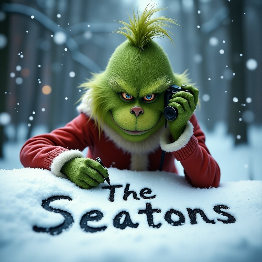 A character reminiscent of the Grinch writes 'The Seatons' in the snow while looking at the camera. Winter setting with falling snow.