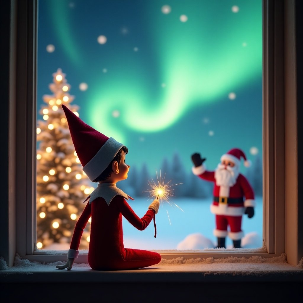 This image depicts an adorable elf on the shelf sitting by a window. The elf is facing the sky, holding a wand that sparkles with magic. Behind the elf, a winter wonderland is revealed, featuring a beautifully lit Christmas tree and a cozy snowy landscape. The northern lights dance in the sky above, casting a magical glow. In the background, Santa Claus waves cheerfully, adding to the festive spirit. The scene is enchanting, perfect for representing holiday joy and wonder.