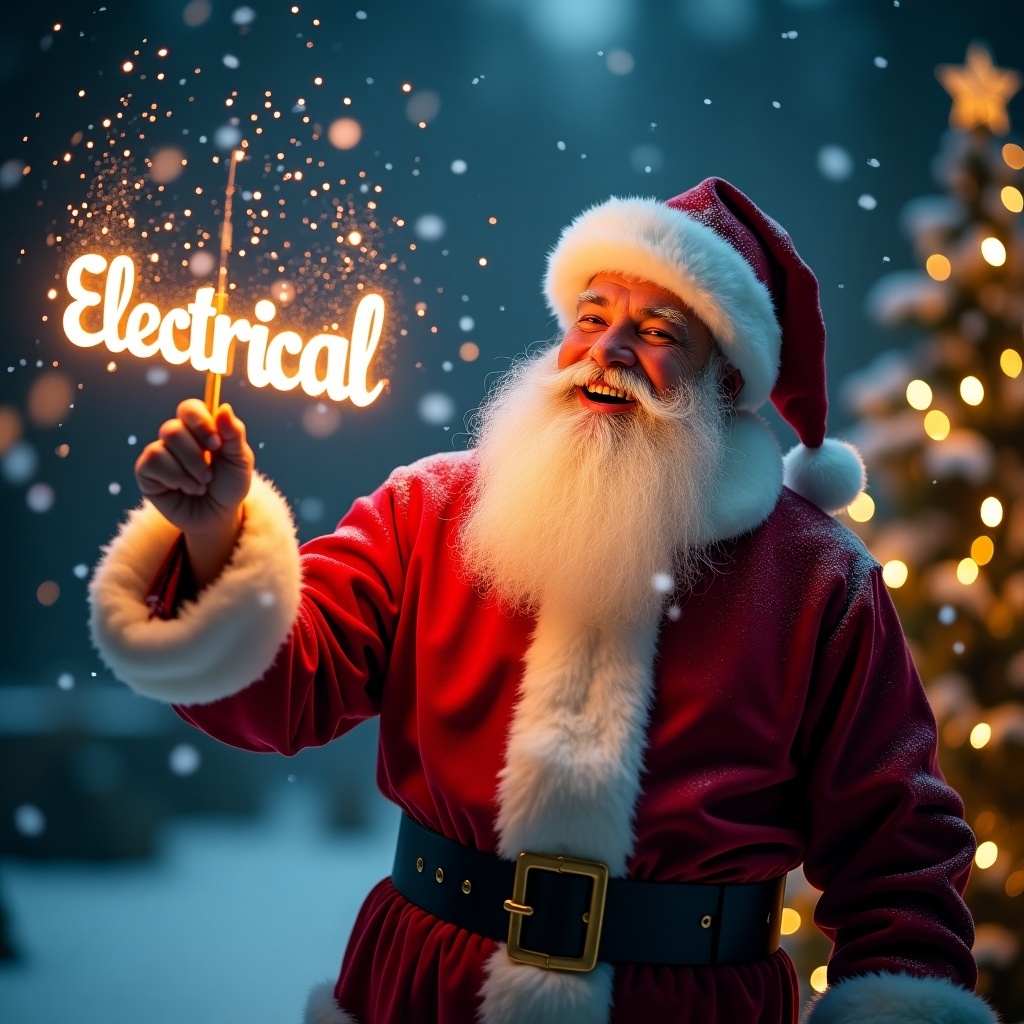 Santa Claus in a festive Christmas scene. He wears a traditional red suit. Softly falling snow surrounds him. Holds a glowing stick with the word 'BRS Electrical'. Background has fairy lights and Christmas trees. The scene feels warm and magical. Captures the essence of holiday family celebrations.