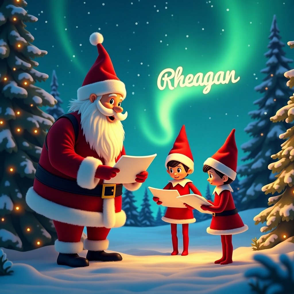 Image shows Santa Claus with two elves outside. They are standing under a sky filled with northern lights. They are writing notes together. The scene is warm and inviting. It embodies the spirit of Christmas. The name 'Rheagan' glows in the sky.