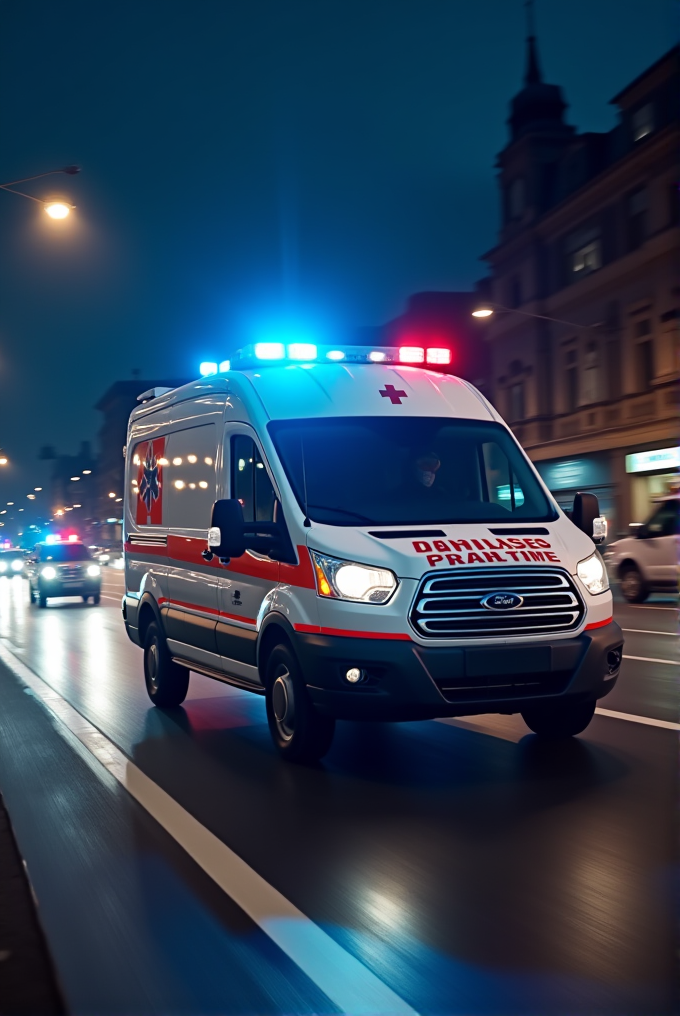 An ambulance swiftly travels down a city street at night, its flashing red and blue lights illuminating the dark surroundings.