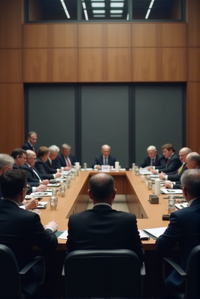 A group of people in suits are gathered around a large conference table in a formal meeting.