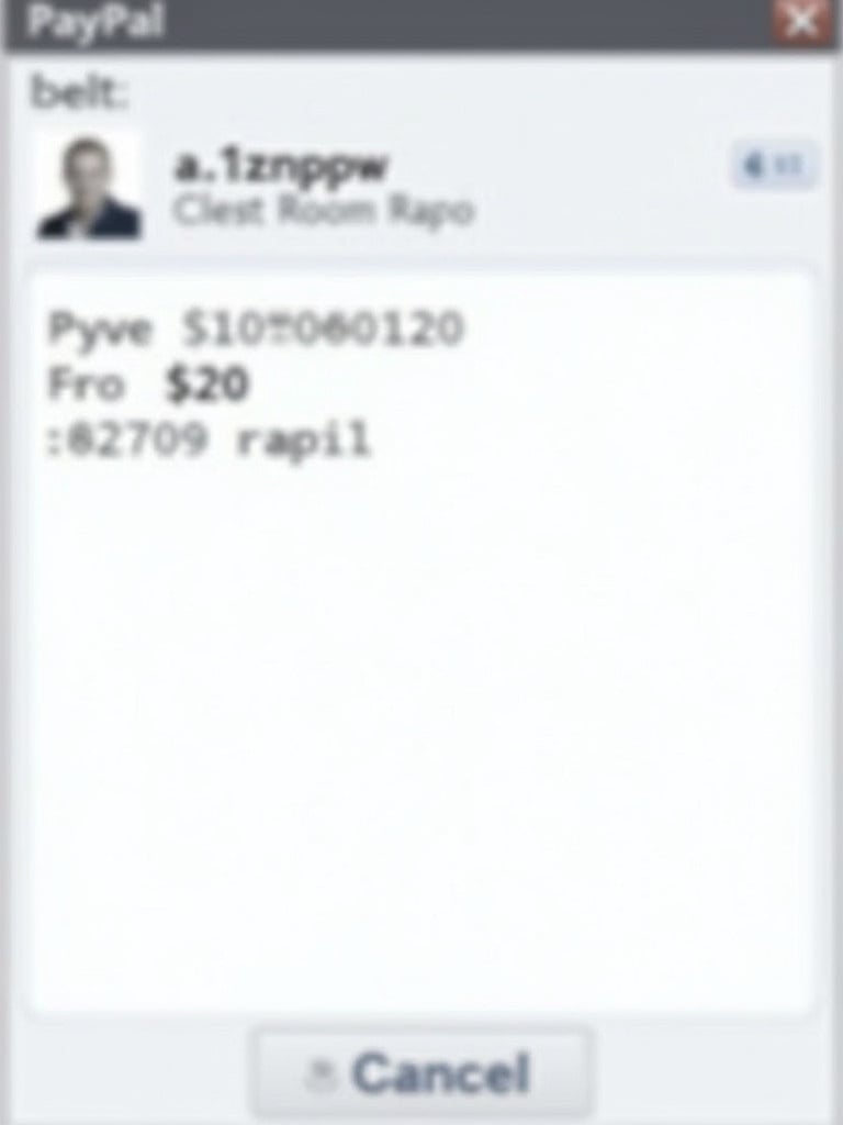 PayPal payment proof displays transaction details for a $20 payment. Email address shows a7lzp4p1w@outlook.com. Payment details are clearly visible. Blurred face not relevant.