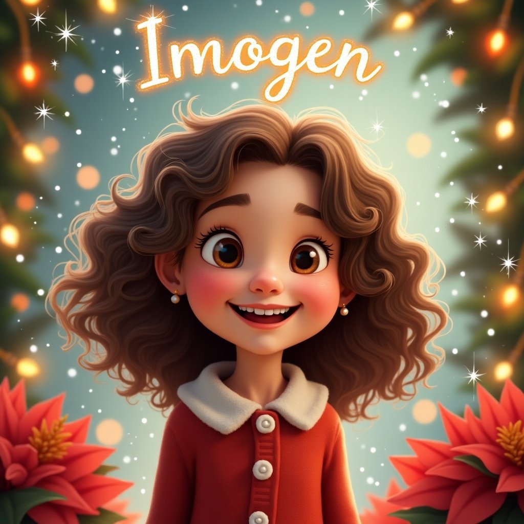 Cartoon character with curly brown hair wearing a white collar shirt. Christmas-themed background with festive decorations and the name 'Imogen' written above.