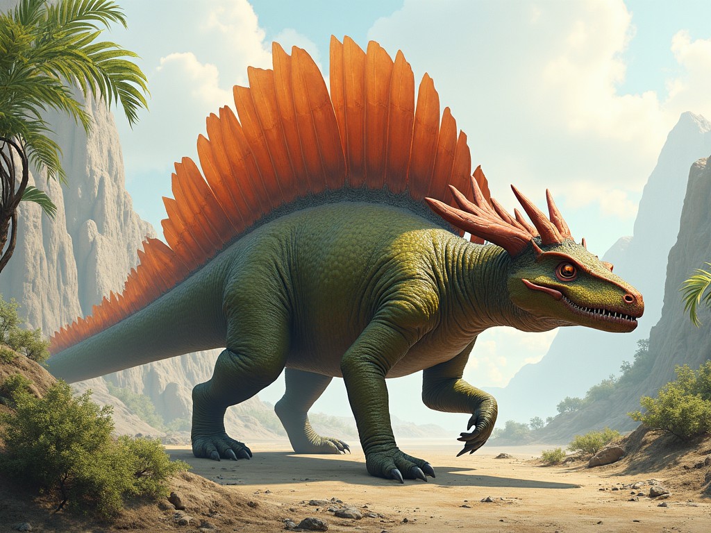 This image depicts a massive dinosaur with vibrant orange spines along its back. It stands on all fours in a prehistoric landscape filled with rock formations and vegetation. The dinosaur has a unique appearance, showcasing features reminiscent of both reptiles and mythological creatures. The scene is brightly lit, casting shadows and highlighting the textures of the dinosaur's skin. In the background, lush palm trees and mountains create an immersive natural setting.