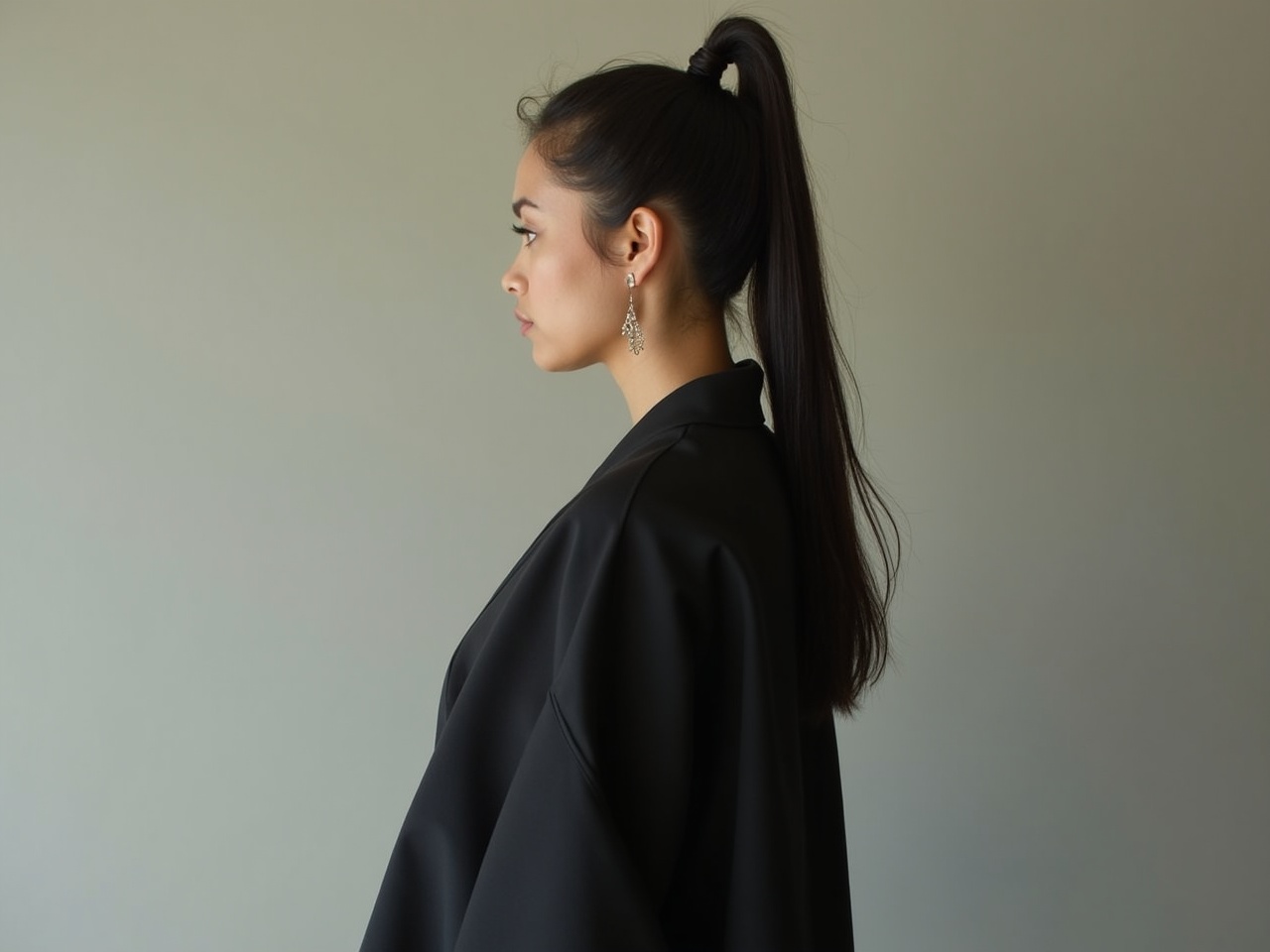 A woman is photographed in traditional black clothing, showcasing a modern yet timeless aesthetic. The image captures her in profile, highlighting her facial features and long, straight hair tied up in a ponytail. She wears statement earrings that add a touch of elegance. The background is neutral, allowing the subject to stand out. Soft lighting enhances the serene and sophisticated vibe of the portrait.