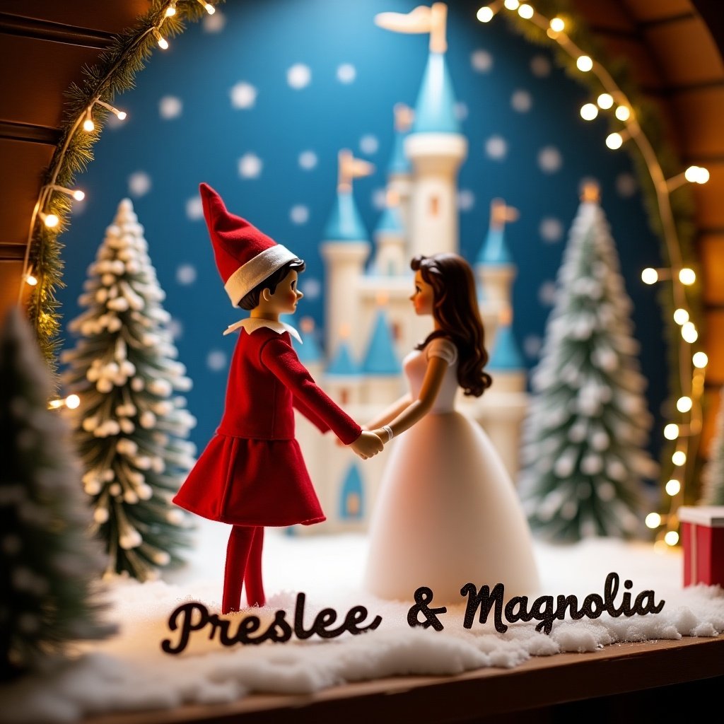 An enchanting Christmas scene with a whimsical twist, featuring an elf on the shelf and Princess Belle in front of Cinderella’s castle. The elf is dressed in vibrant red and white, joyfully dancing with Belle. Snow blankets the ground, adding to the festive atmosphere. The names 'Preslee and Magnolia' are displayed in an elegant font in front of them. Twinkling lights illuminate the scene, creating a magical ambiance that captures the joyful spirit of the holiday season. This visual evokes wonder and excitement, perfect for celebrating Christmas.