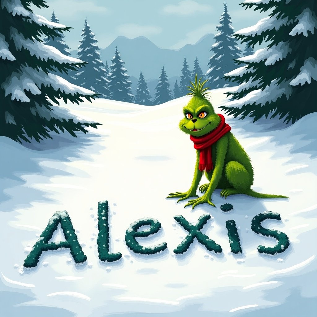 A cartoonish Grinch character in a snowy landscape. The Grinch is green and wears a red scarf. The character writes 'Alexis' in the snow, surrounded by evergreen trees and hills.