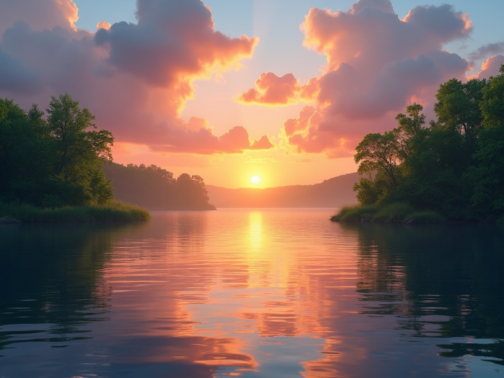 This image depicts a serene landscape featuring a beautiful sunset over a calm lake. The water reflects the vibrant colors of the sunset, which includes hues of orange, pink, and blue. Lush green trees line the shores, adding depth and tranquility to the scene. The clouds in the sky are fluffy and colorful, enhancing the overall peaceful ambiance. This picturesque view invites viewers to pause and appreciate the beauty of nature.