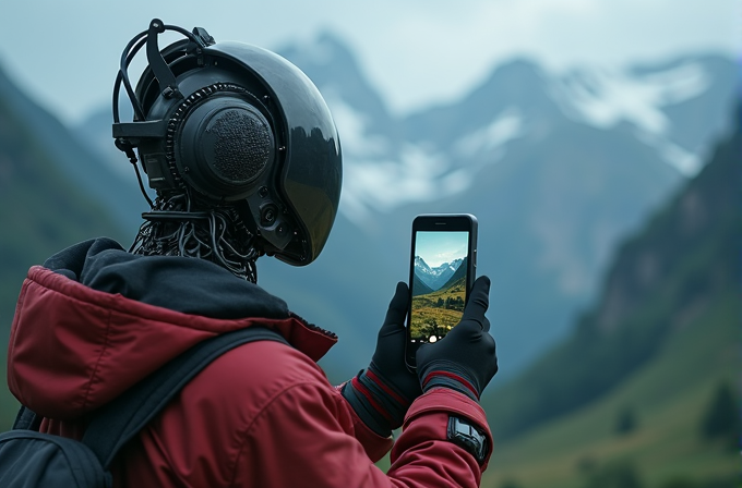 A person wearing a futuristic helmet taking a picture with a smartphone in a mountainous landscape.