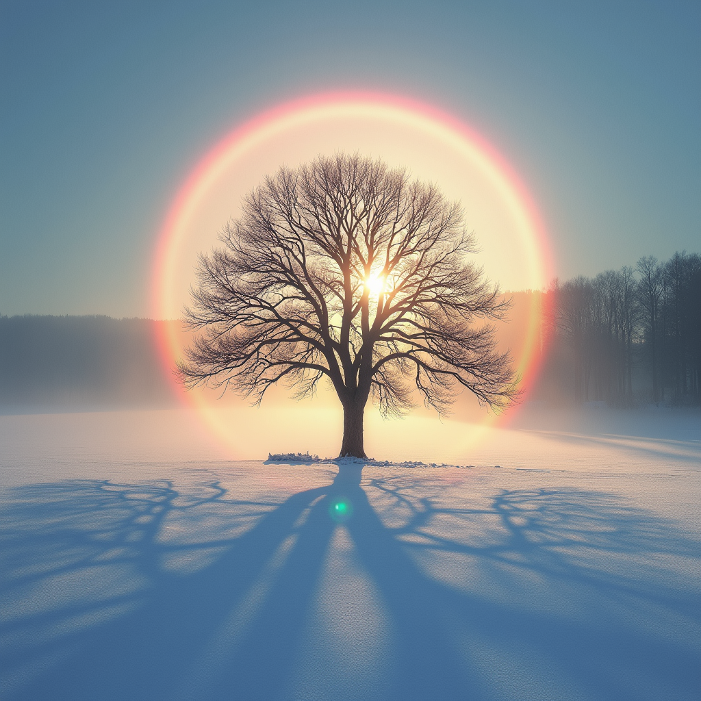 A solitary tree in a snowy field with a vibrant halo around the sun casting long shadows.