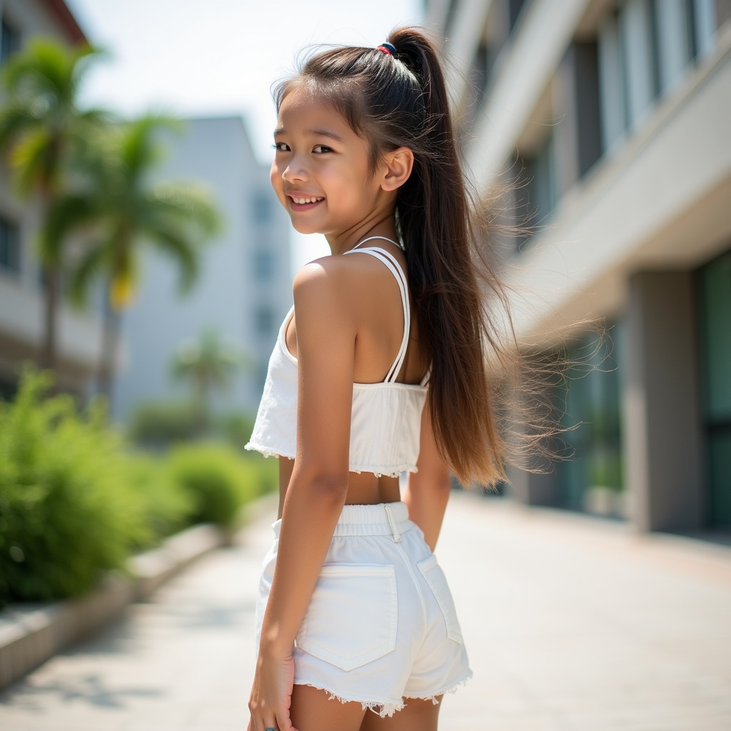 Image depicts young girl with long hair tied in a ponytail. She wears white two-piece outfit. She stands outdoors, turning slightly, smiling softly. Background features urban buildings and greenery. Scene has relaxed, summery atmosphere.