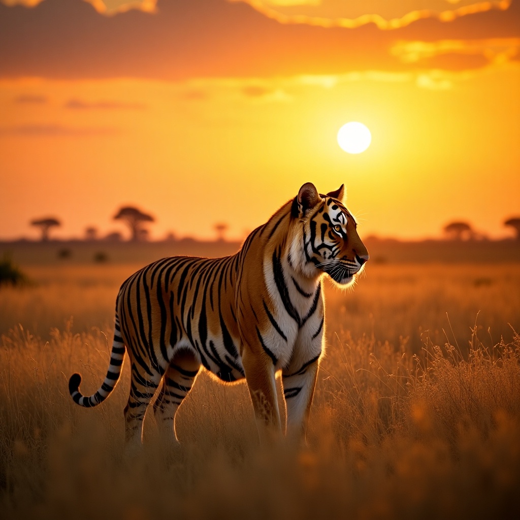 A realistic scene of a tiger in the African savannah grass are golden brown. The tiger stands with strong posture in warm sunlight illuminating the landscape.