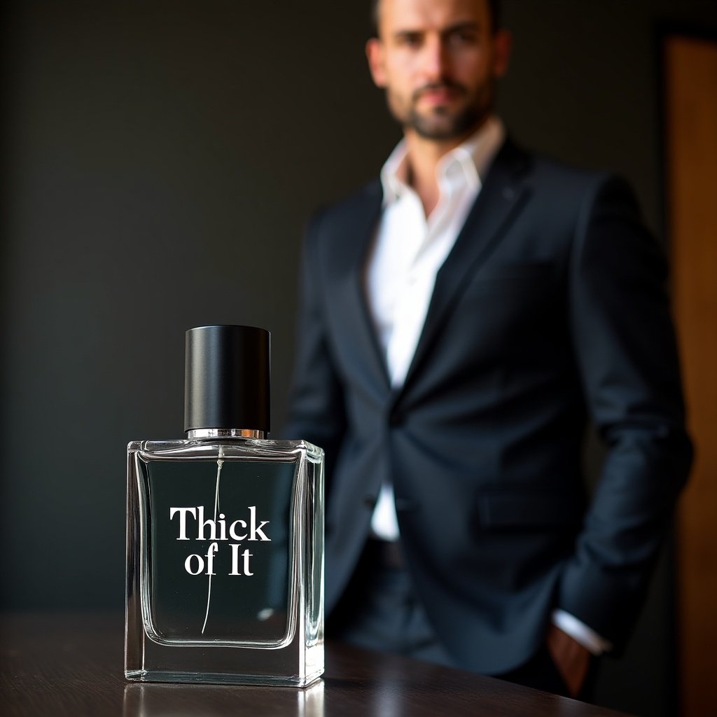 Bottle of aftershave named Thick of It on a table with a man dressed in a suit in the background