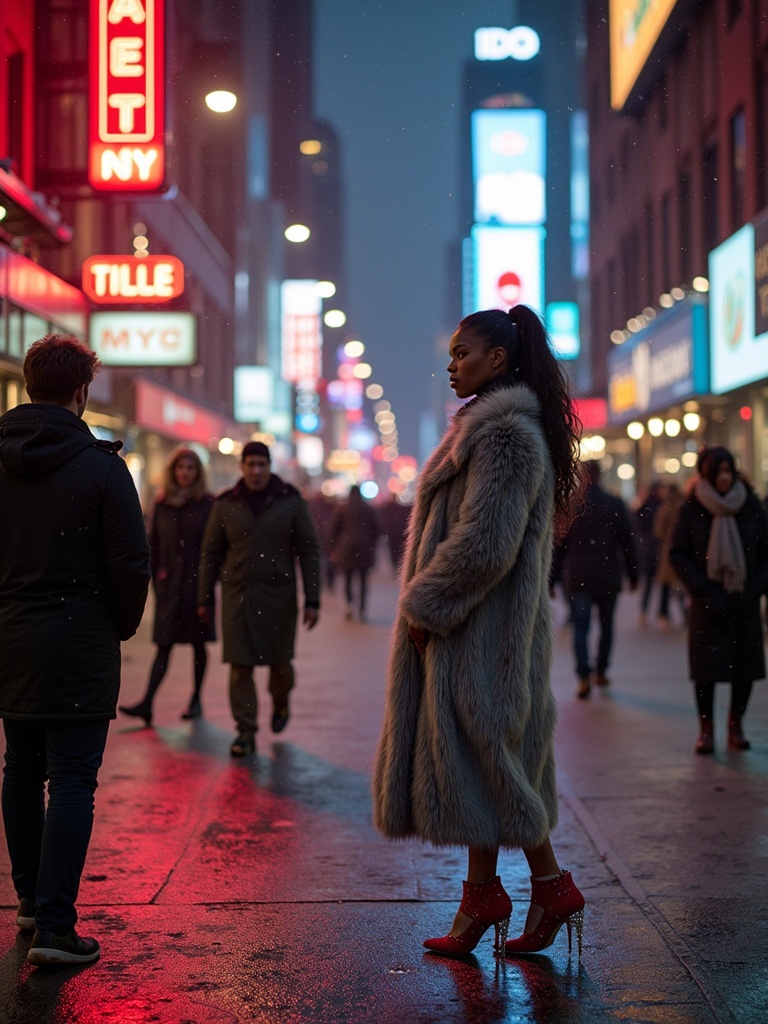 Sasha stands alone on a busy street in New York City. It is Valentine's Day night. Neon lights reflect off slushy sidewalks. Couples walk past with joy. She wears a silver fox fur coat. Her red strappy heels and white painted toes are visible. She gazes into the distance. Her expression shows longing. Snowflakes fall gently. The scene has a contrast of love and solitude.