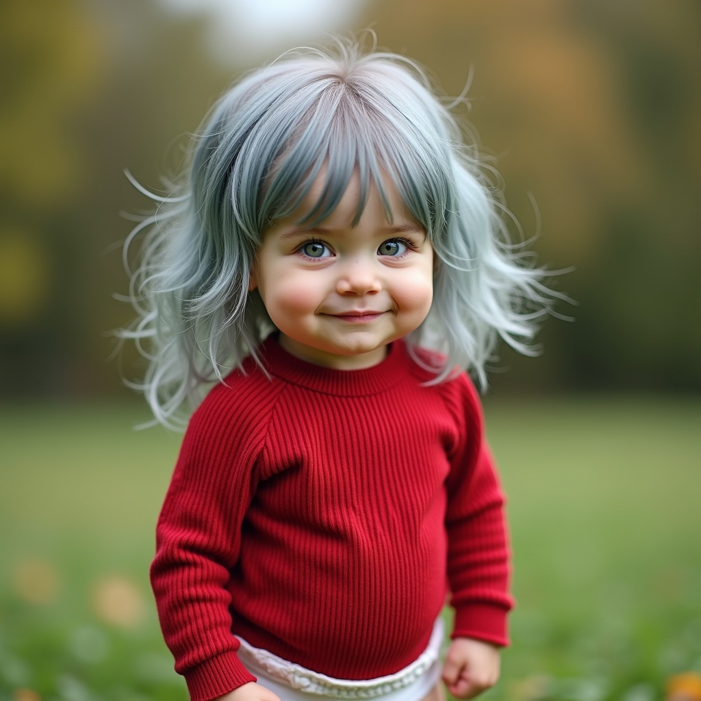 A playful young girl stands in a park, showcasing her joyful nature. She has long, silvery blue hair flowing softly around her shoulders. Her bright emerald green eyes sparkle with happiness under the warm sunlight. Dressed in a cozy red long sleeve ribbed top, she exudes cuteness and comfort. The background features blurred greenery, emphasizing her as the main subject. Her expressive smile invites viewers to embrace the joy of childhood. The scene captures a perfect family outing moment, filled with warmth and love.