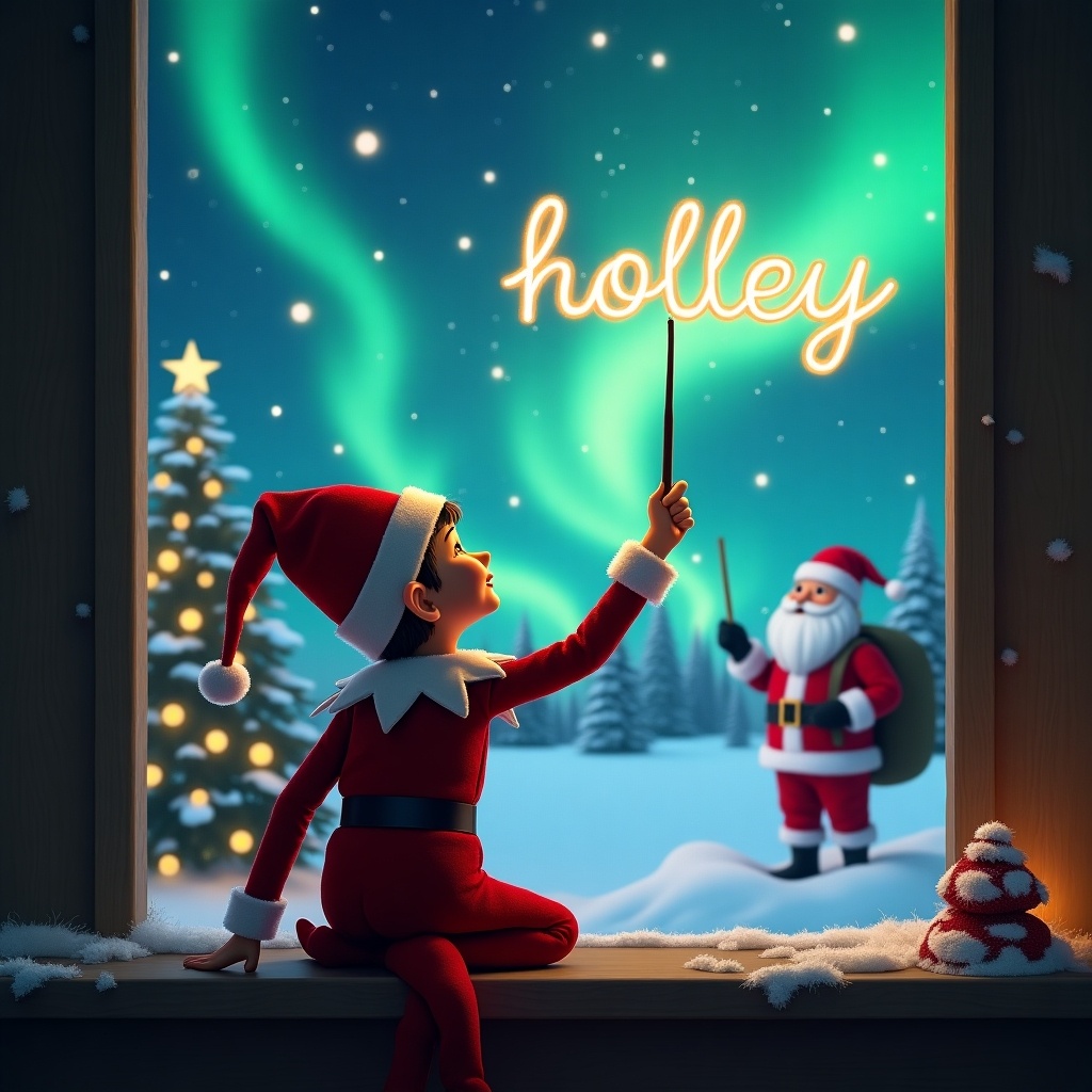 A festive scene during Christmas. An elf on the shelf sits with his back to the viewer, joyfully using a wand to write the word 'holley' in the sky filled with northern lights. In the background, Santa Claus stands beside a decorated Christmas tree, creating a magical winter wonderland atmosphere. The elf’s red and white outfit and the cozy setting contribute to the holiday spirit. This whimsical imagery captures the essence of childhood wonder during the holiday season.