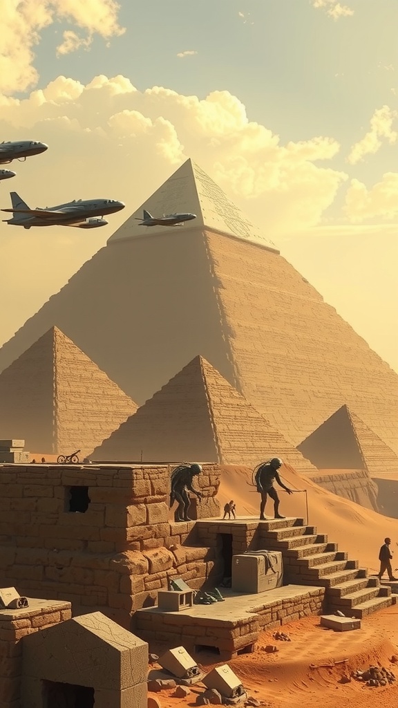 Surreal scene of the pyramids with modern airplanes and futuristic figures.