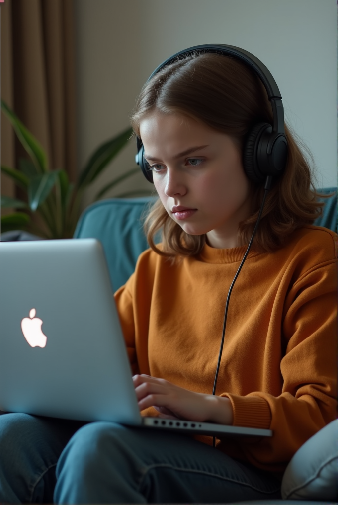 A young person wearing headphones is concentrating on a laptop screen.