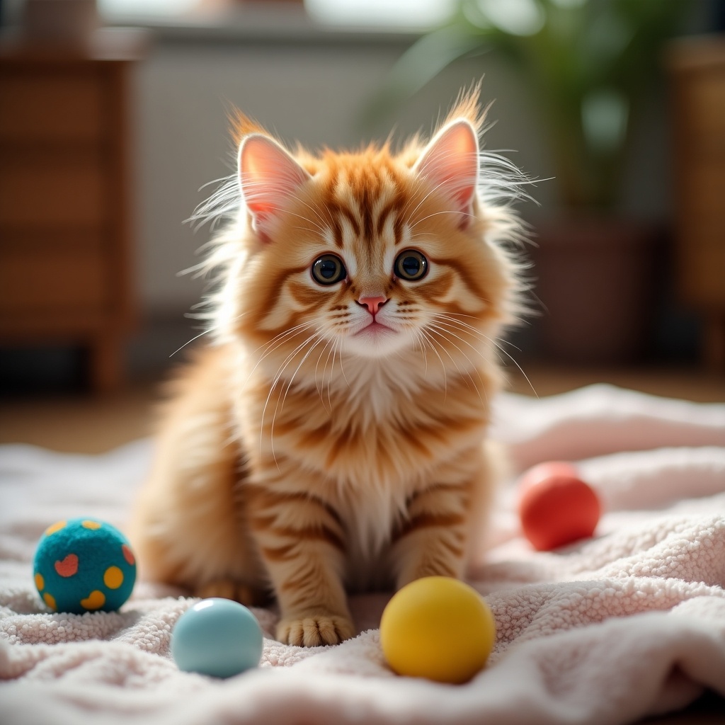 A playful orange kitten sits on a soft blanket surrounded by colorful balls. The kitten has fluffy fur and big expressive eyes, creating an adorable scene.