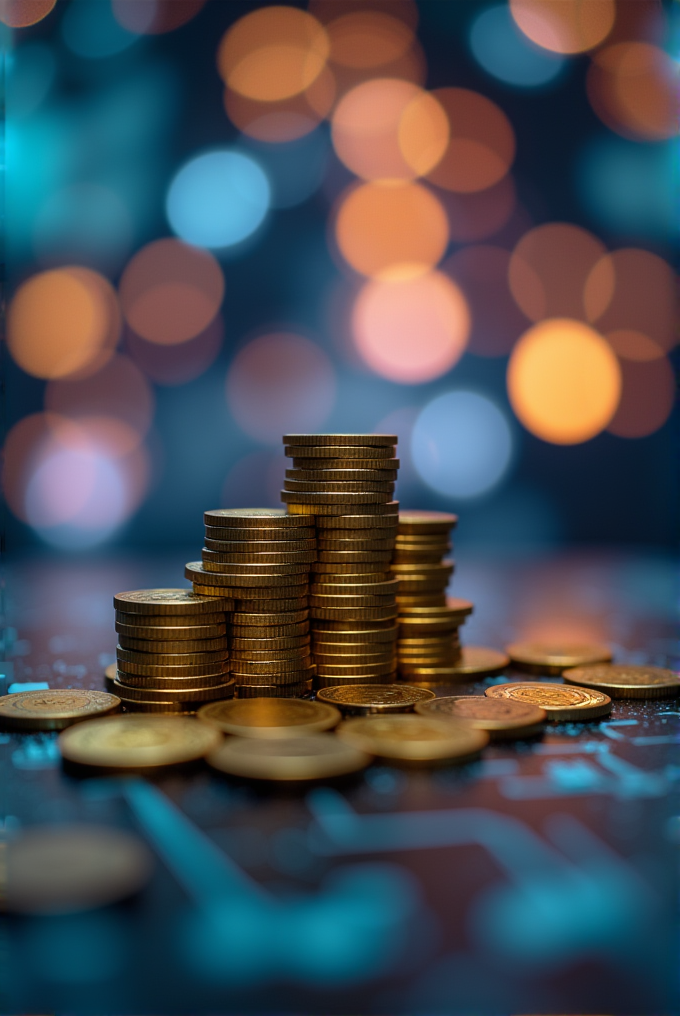 A pile of gold coins is stacked against a backdrop of colorful, blurred lights.